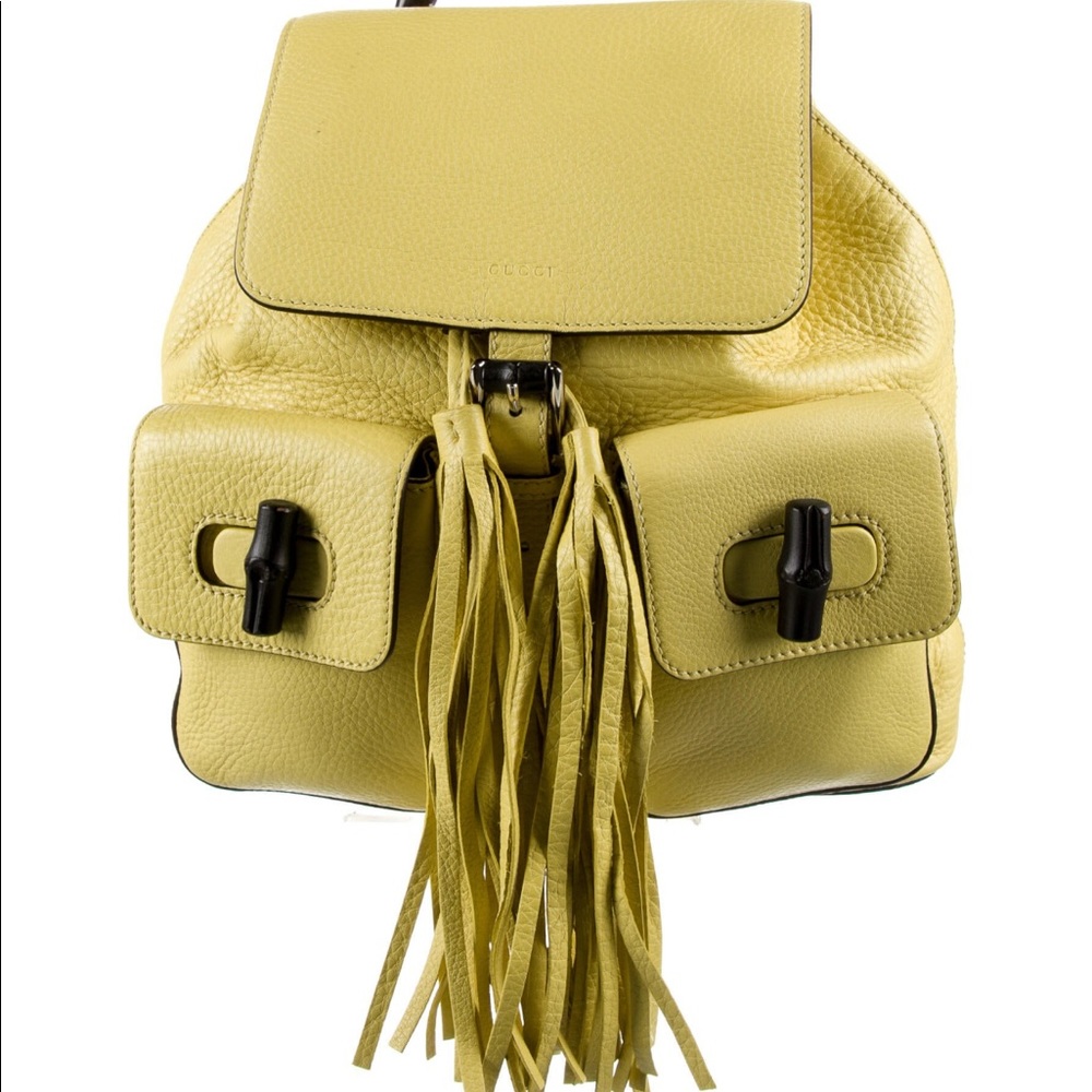 Authentic GUCCI yellow Pebbled Leather Bamboo Backpack Bag